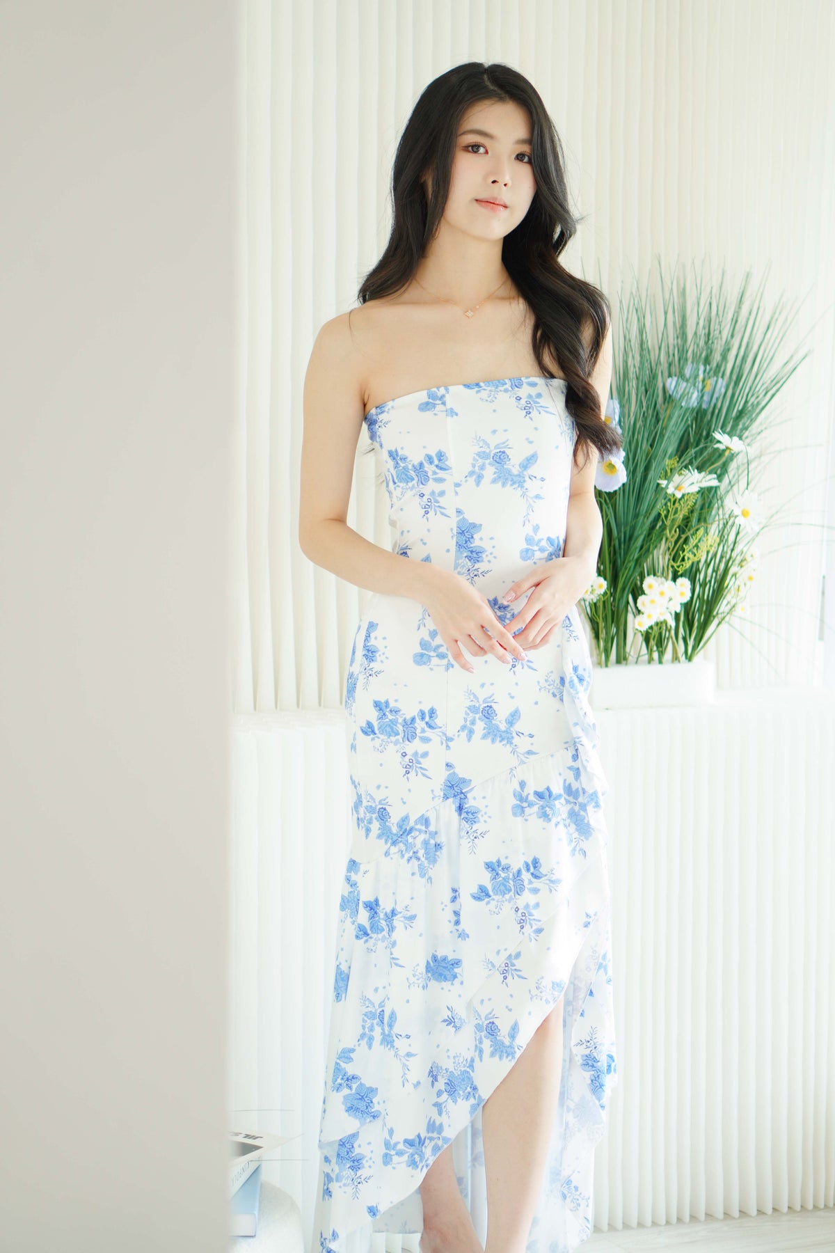 Retro Romance Floral Tube Ruffles Maxi Dress in Blue