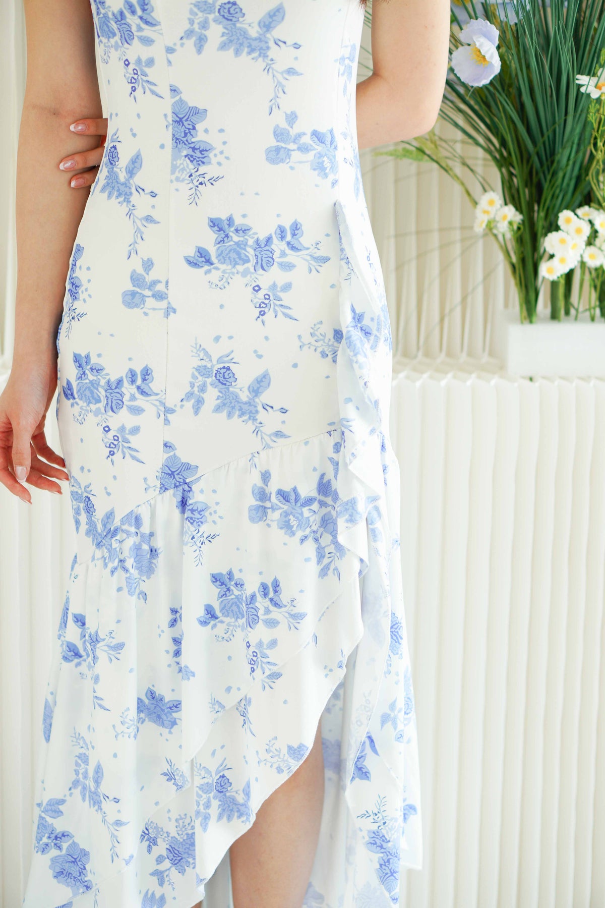 Retro Romance Floral Tube Ruffles Maxi Dress in Blue