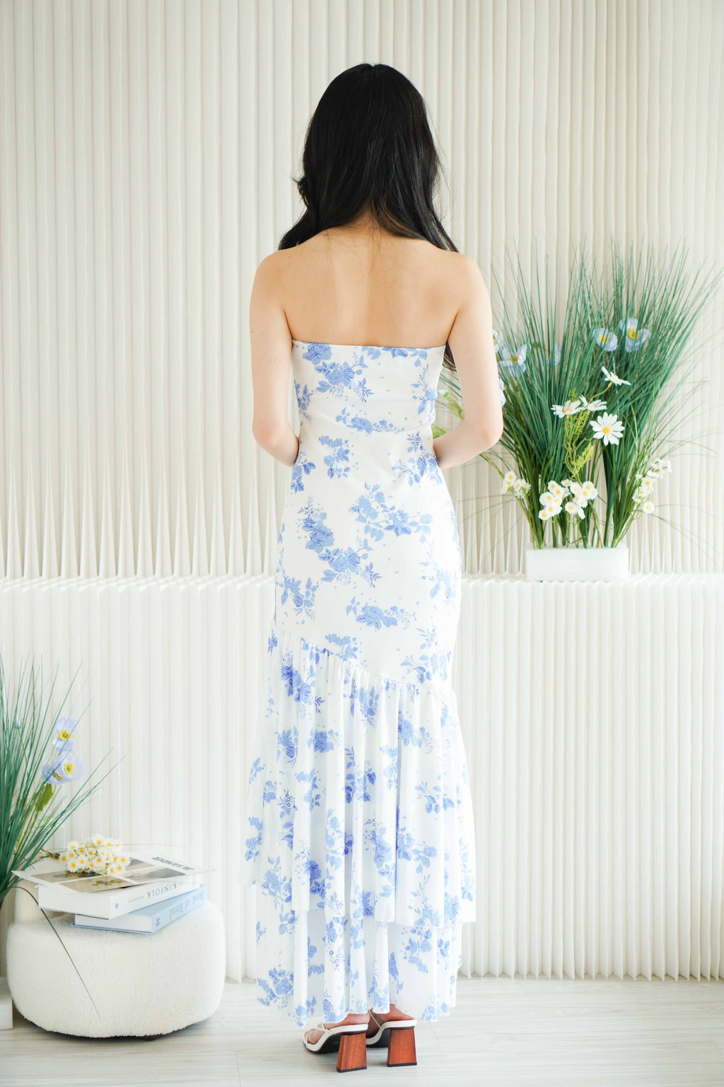 Retro Romance Floral Tube Ruffles Maxi Dress in Blue