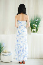 Retro Romance Floral Tube Ruffles Maxi Dress in Blue