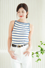 Jordyn Boat Neck Knit Top in Blue Stripes
