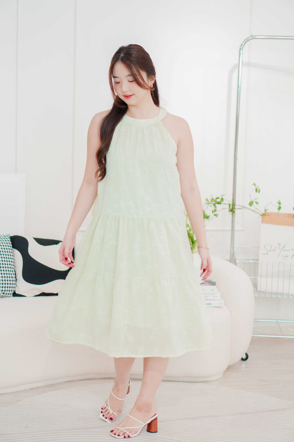 Fiorella High Neck Flowy Dress in Light Green