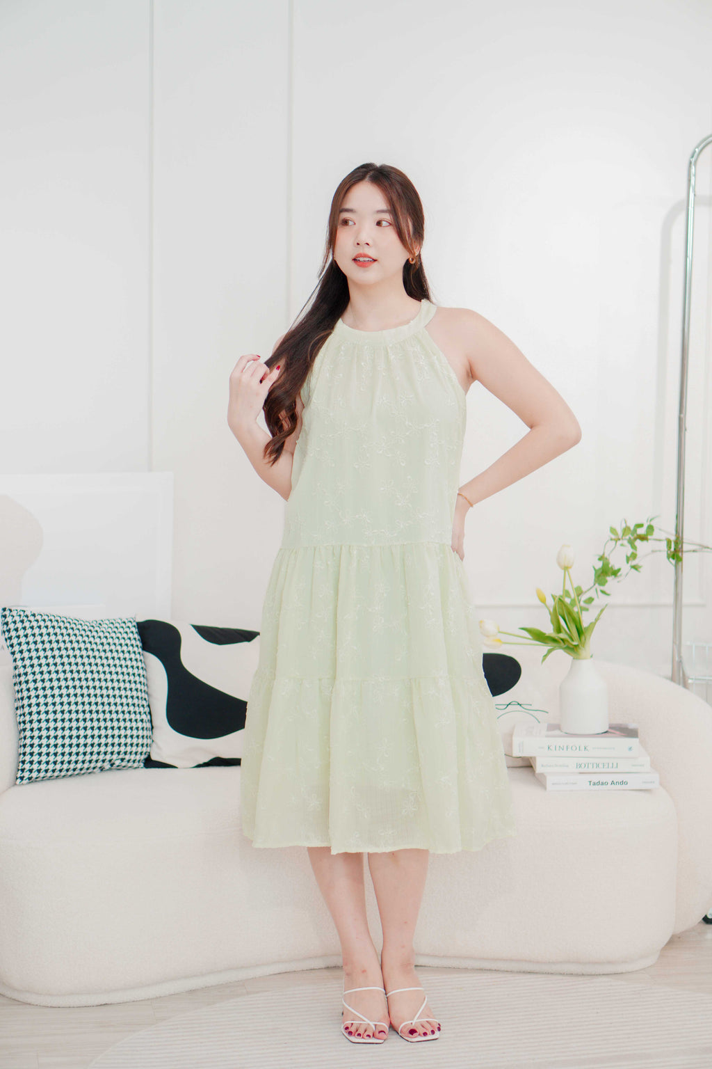 Fiorella High Neck Flowy Dress in Light Green