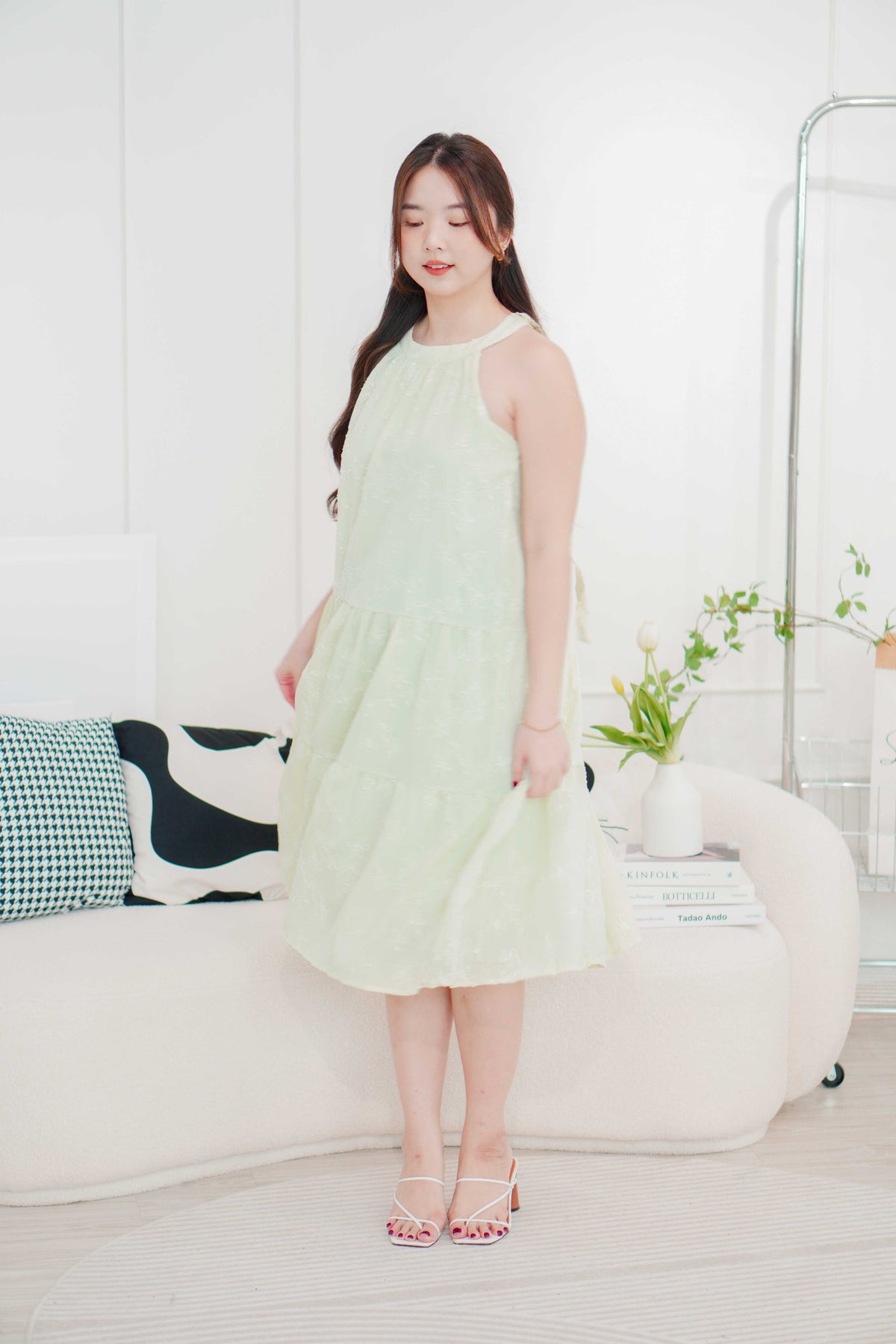Fiorella High Neck Flowy Dress in Light Green