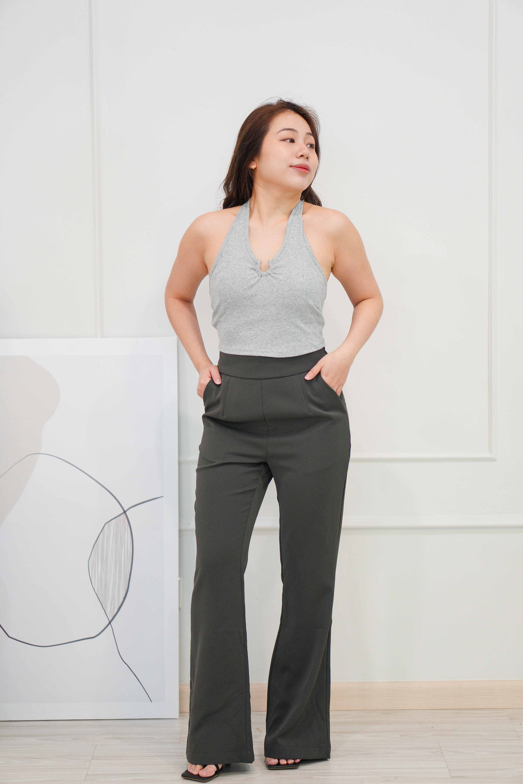 Cillian Padded Halter Crop Top in Grey