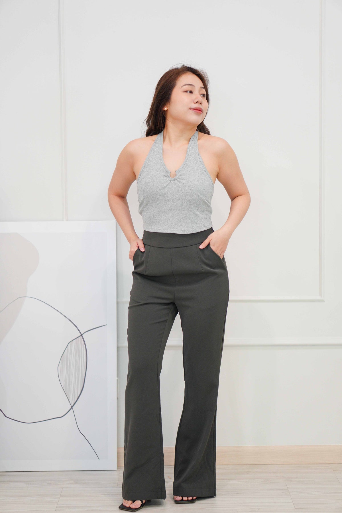 Cillian Padded Halter Crop Top in Grey