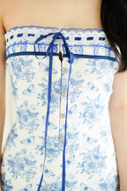 Bridgerton Vintage Floral Mini Tube Dress in Blue