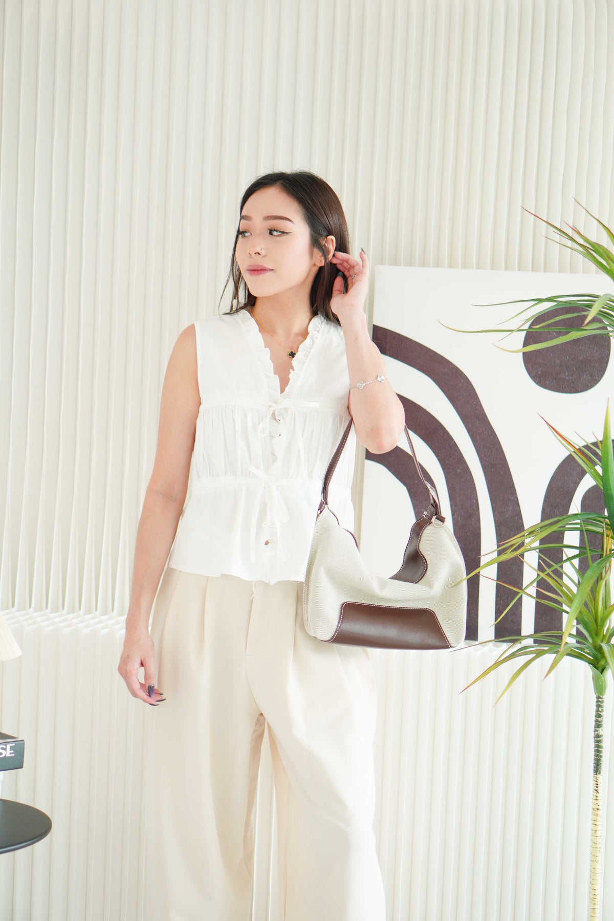 Canvas Shoulder Tote Bag with Brown Lining