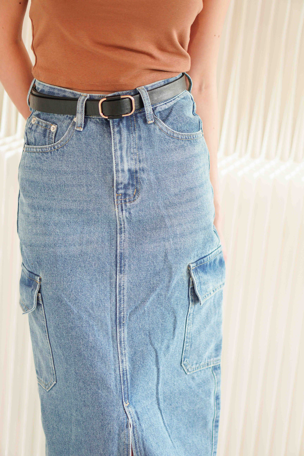Harvey Denim Utility Maxi Skirt in Blue