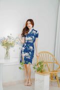 Mi Lan Floral Cheongsam with White Lining in Blue