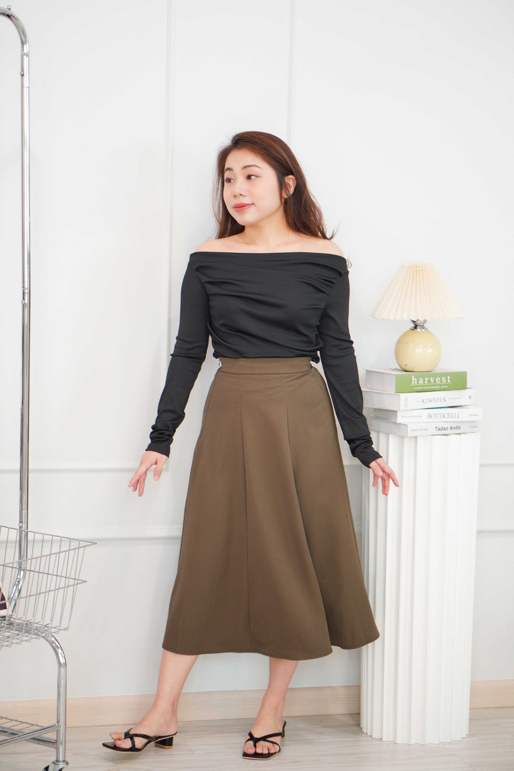 Ru A-Line Midi Skirt in Brown