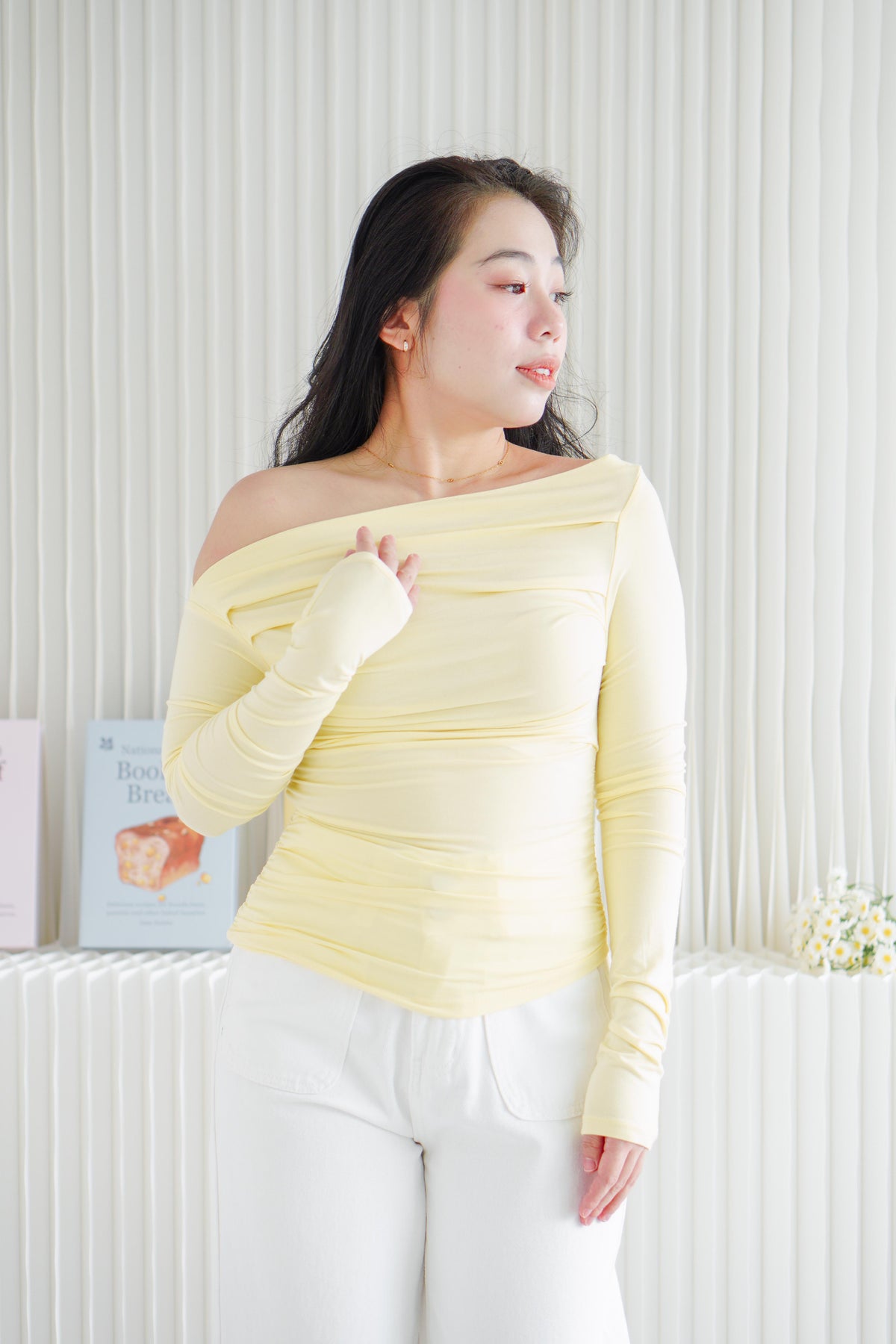 Rylee Ruched Toga Long Sleeve Top in Yellow