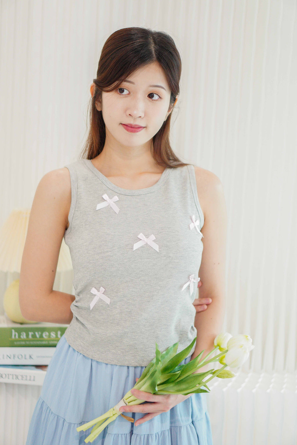 Lilia Ribbon Padded Tank Top in Grey