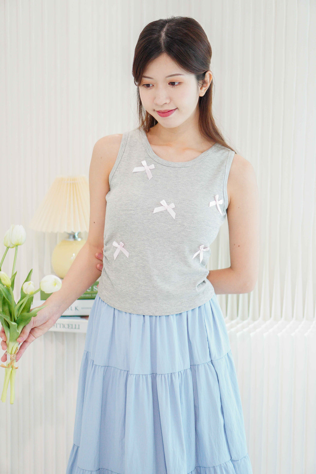 Lilia Ribbon Padded Tank Top in Grey