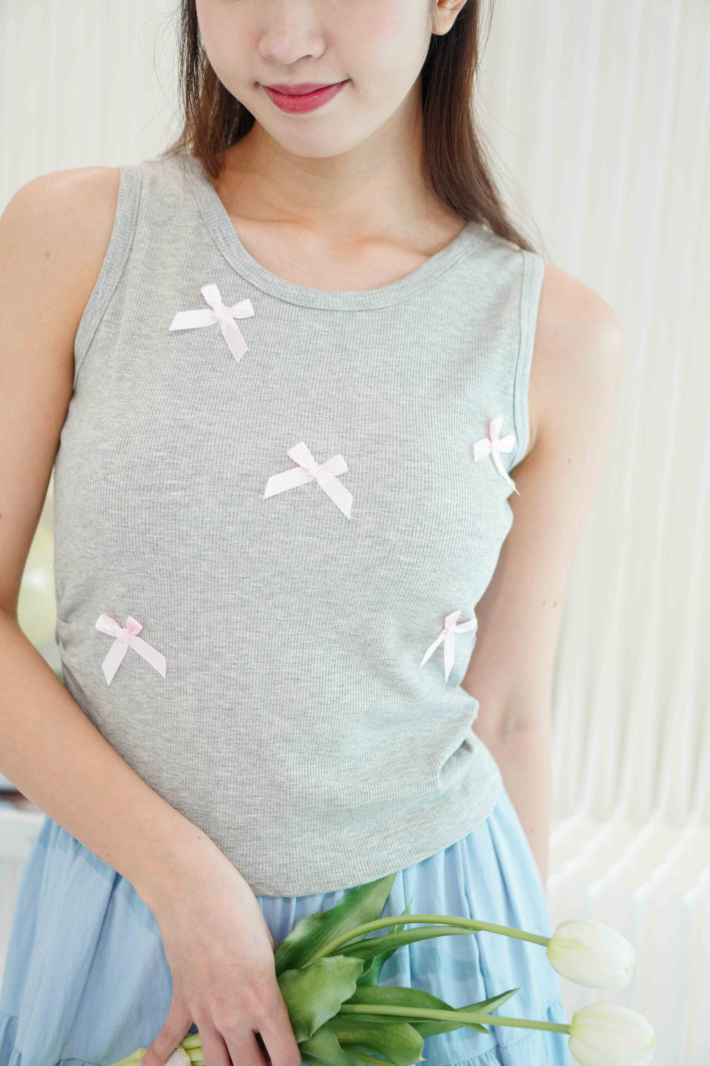 Lilia Ribbon Padded Tank Top in Grey