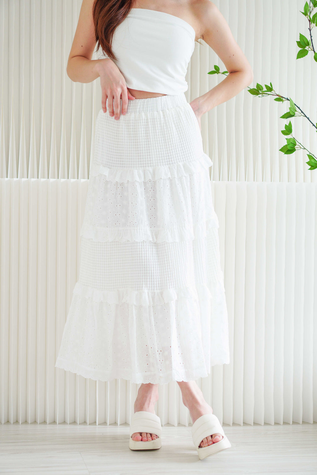 Yoo Crochet Lace Layered Maxi Skirt in White