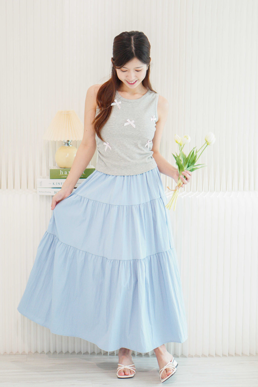 Lilia Ribbon Padded Tank Top in Grey