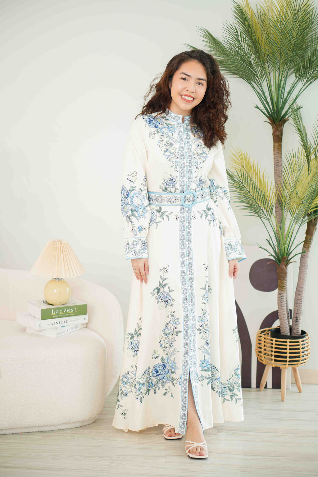 Octavia Floral Long Sleeve Dress with Belt in Blue