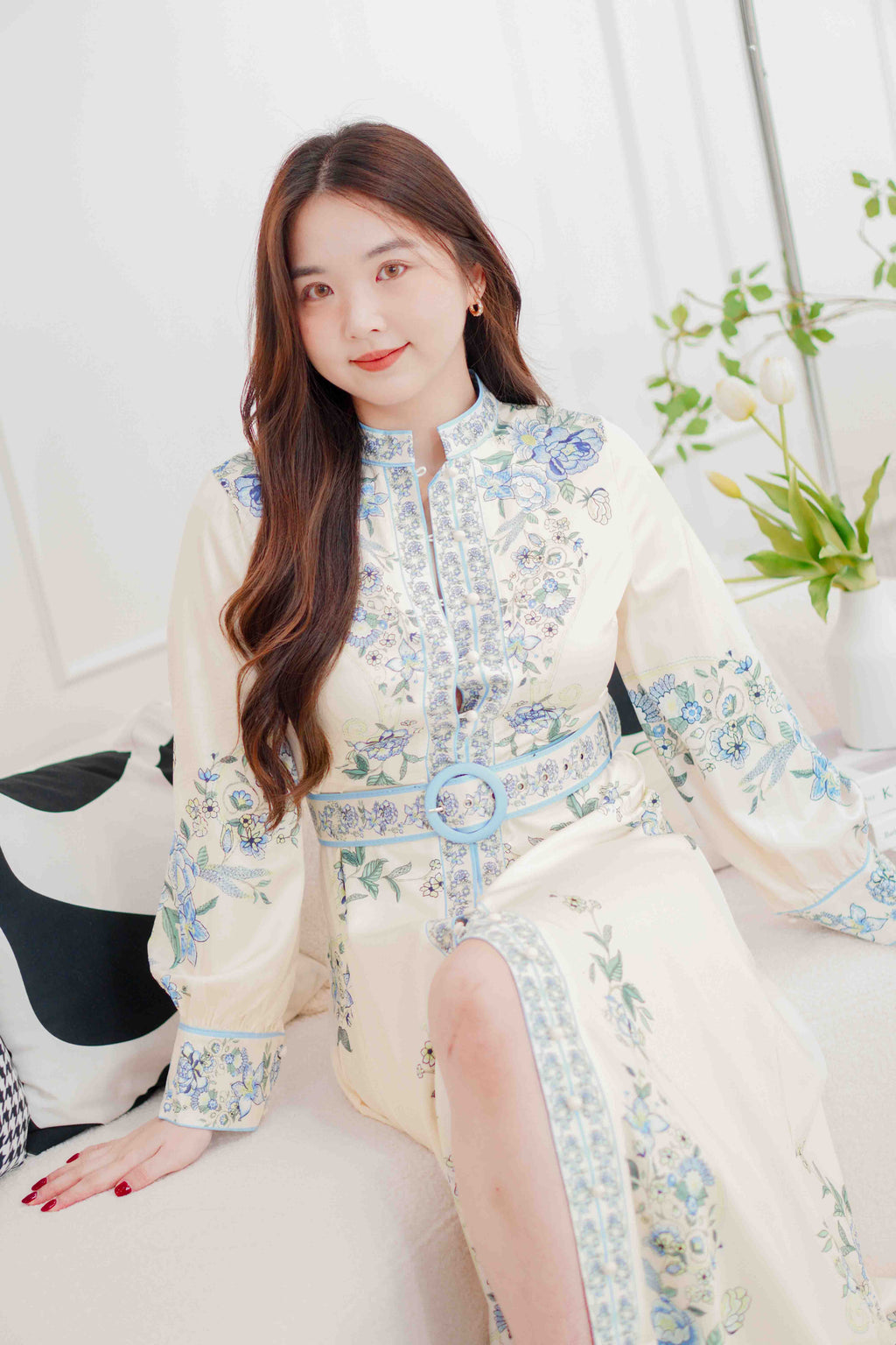 Octavia Floral Long Sleeve Dress with Belt in Blue