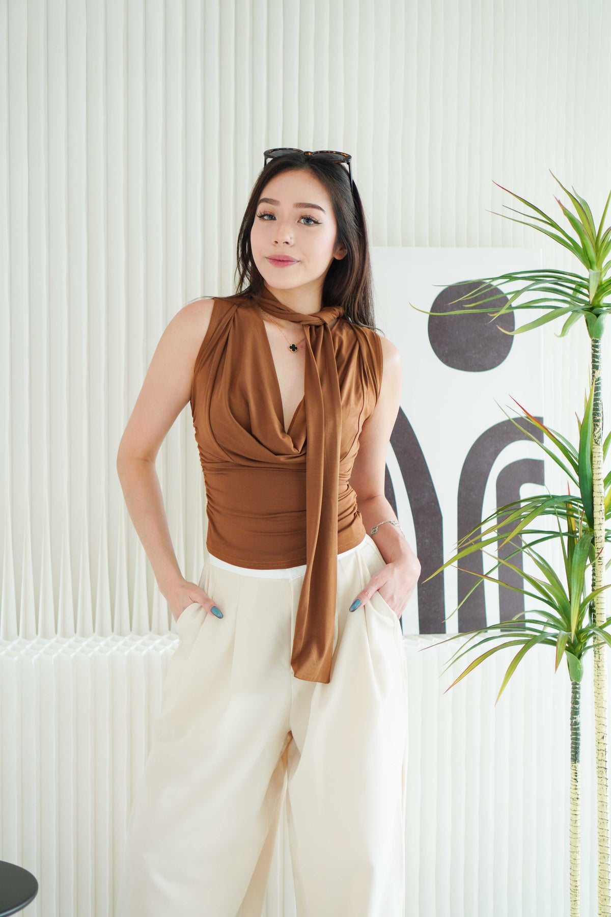 Candace Ruched Cowl Neck Top in Brown