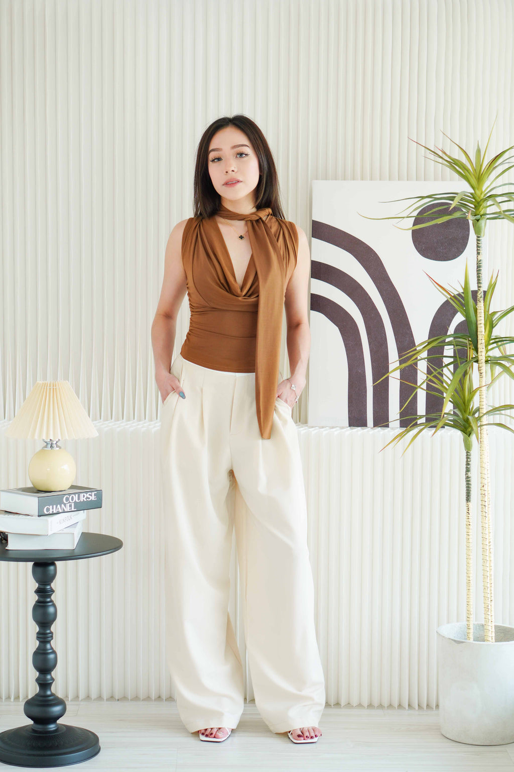 Candace Ruched Cowl Neck Top in Brown