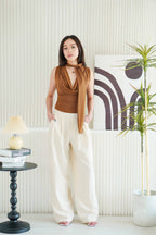 Candace Ruched Cowl Neck Top in Brown