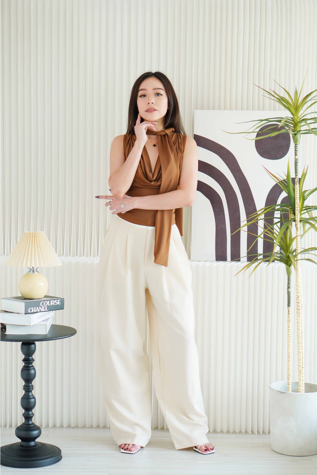 Candace Ruched Cowl Neck Top in Brown