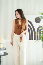 Candace Ruched Cowl Neck Top in Brown