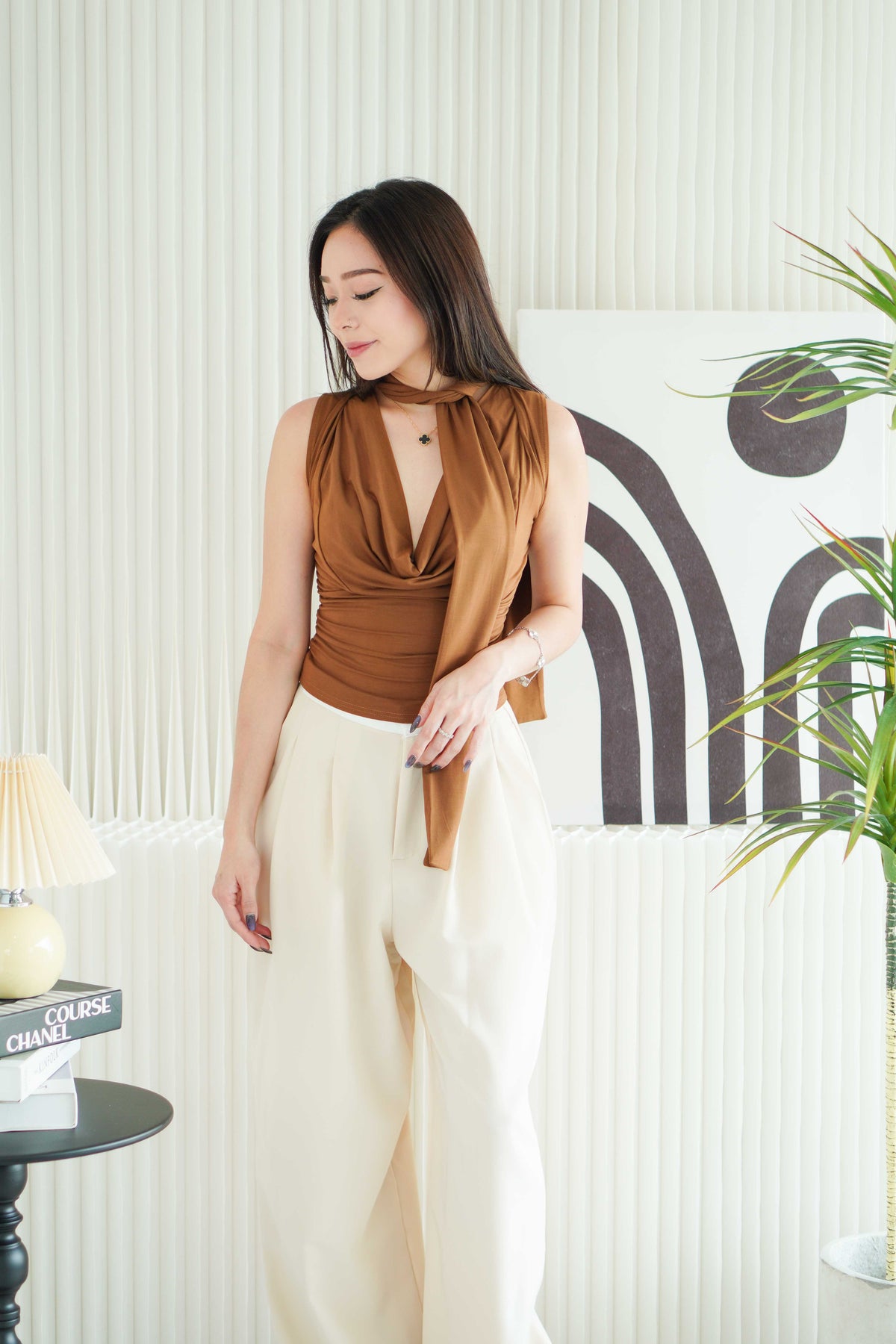 Candace Ruched Cowl Neck Top in Brown