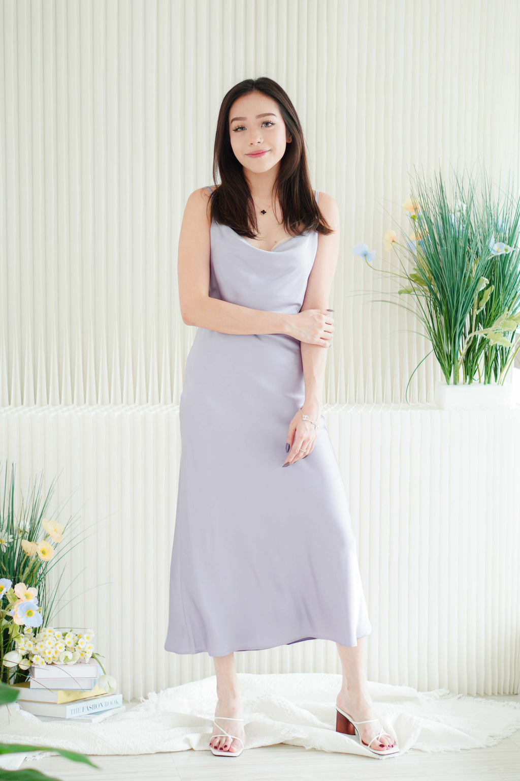 Violeta Cowl Neck Satin Slip Dress in Purple
