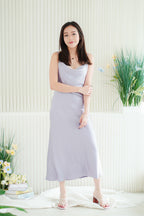 Violeta Cowl Neck Satin Slip Dress in Purple
