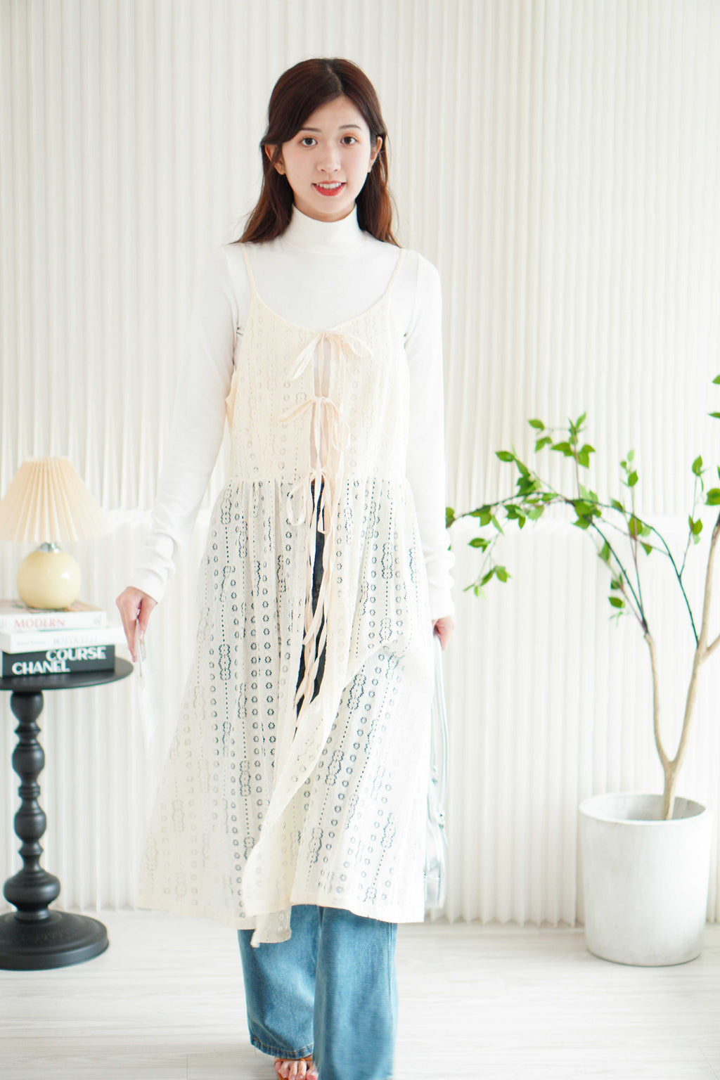 Mayara Lace Sheer Overlay Dress in Cream