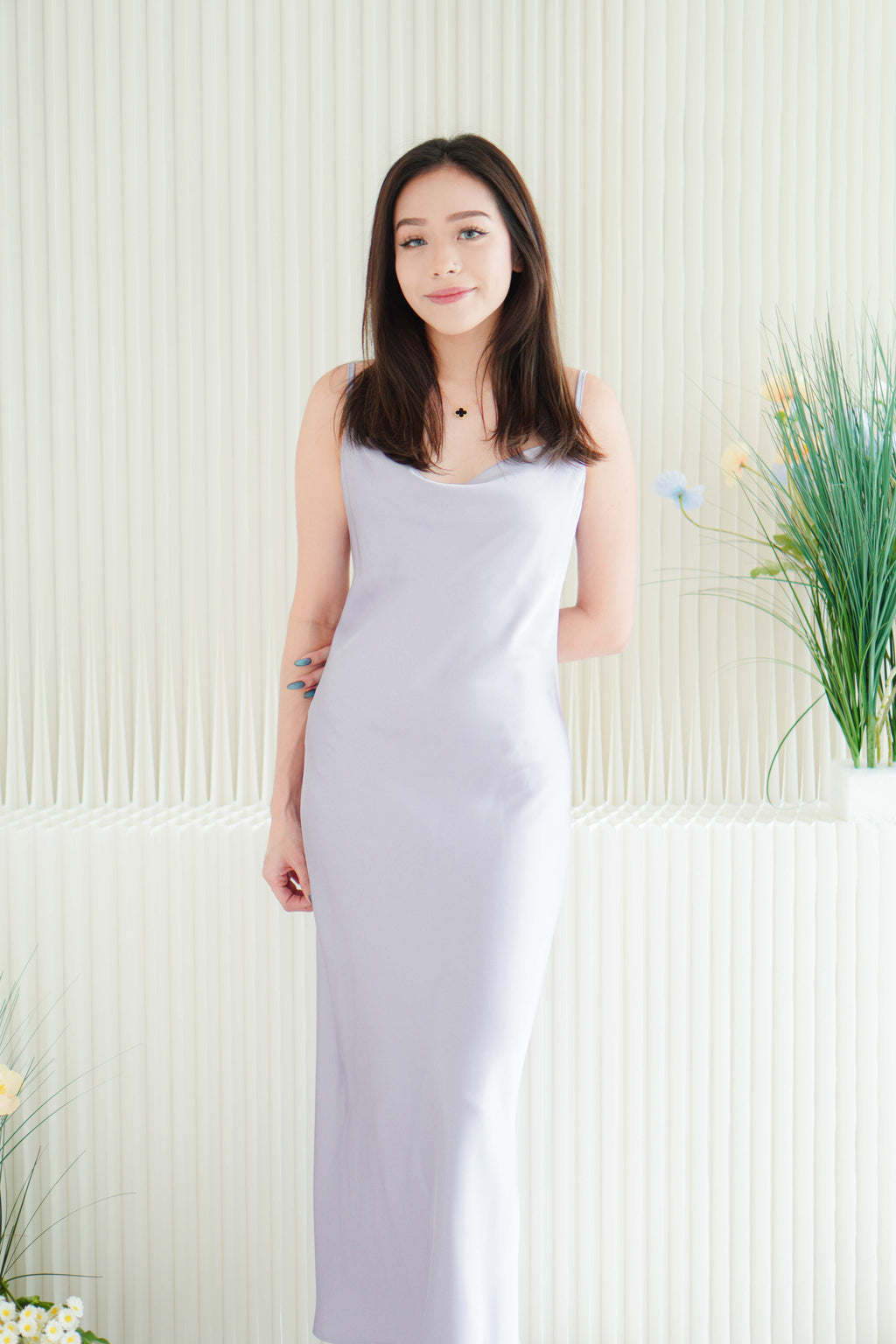 Violeta Cowl Neck Satin Slip Dress in Purple