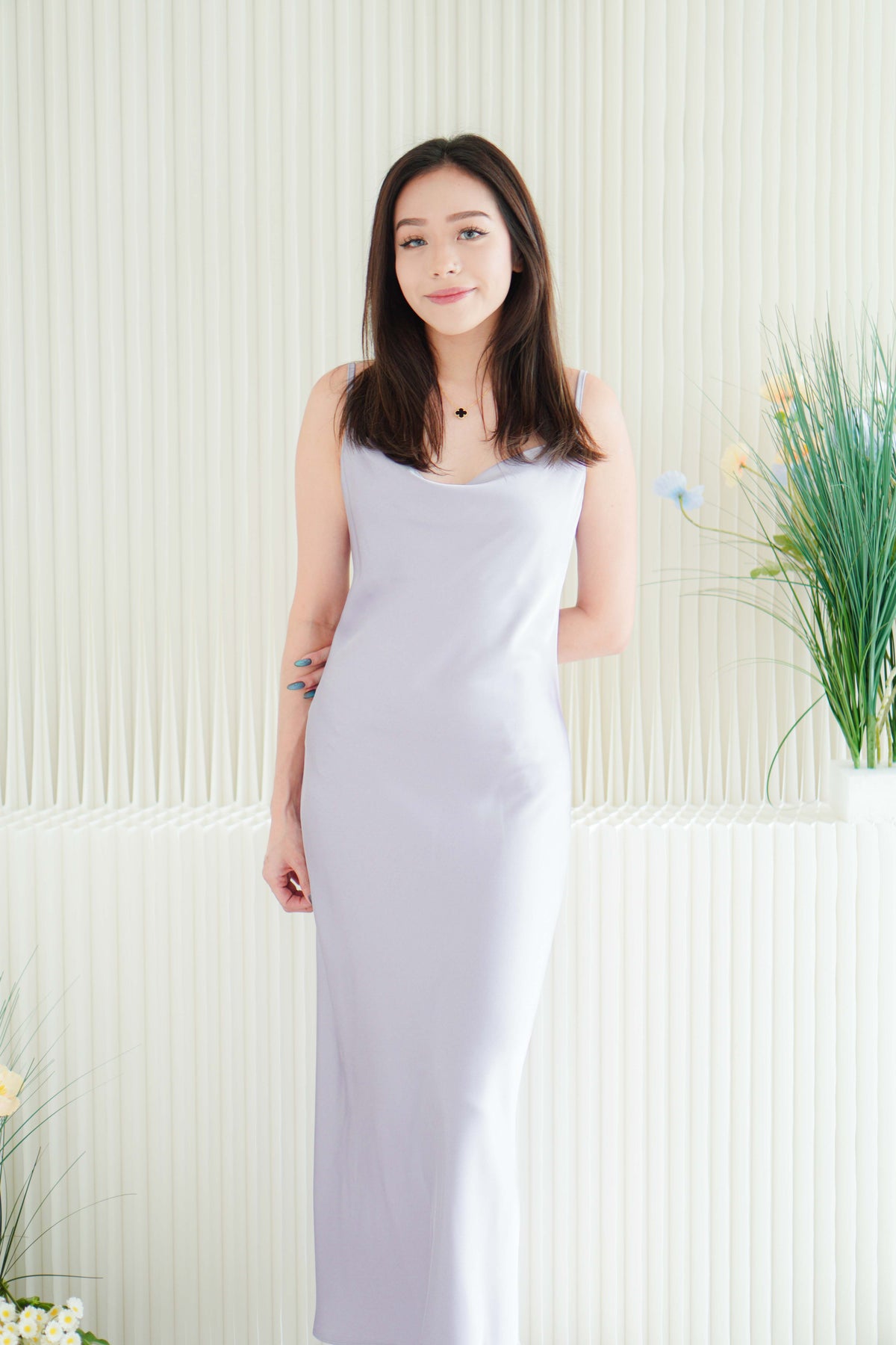 Violeta Cowl Neck Satin Slip Dress in Purple