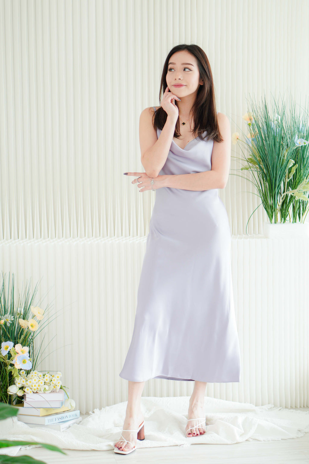 Violeta Cowl Neck Satin Slip Dress in Purple