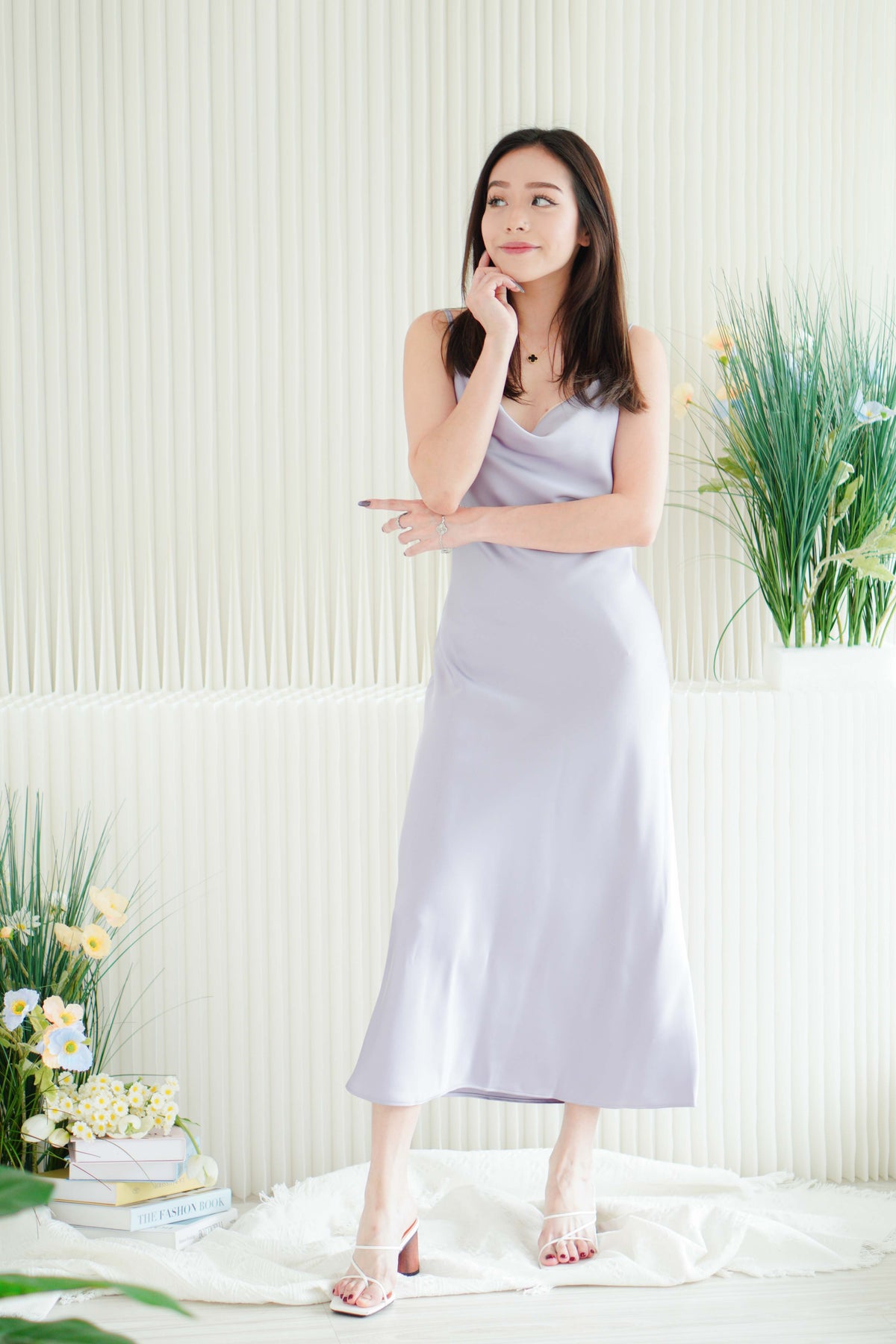 Violeta Cowl Neck Satin Slip Dress in Purple