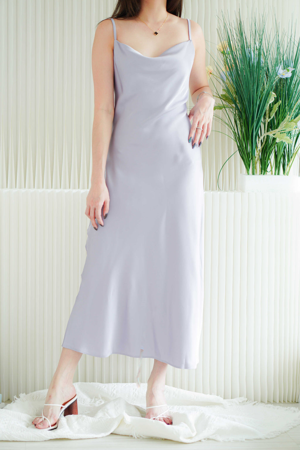 Violeta Cowl Neck Satin Slip Dress in Purple