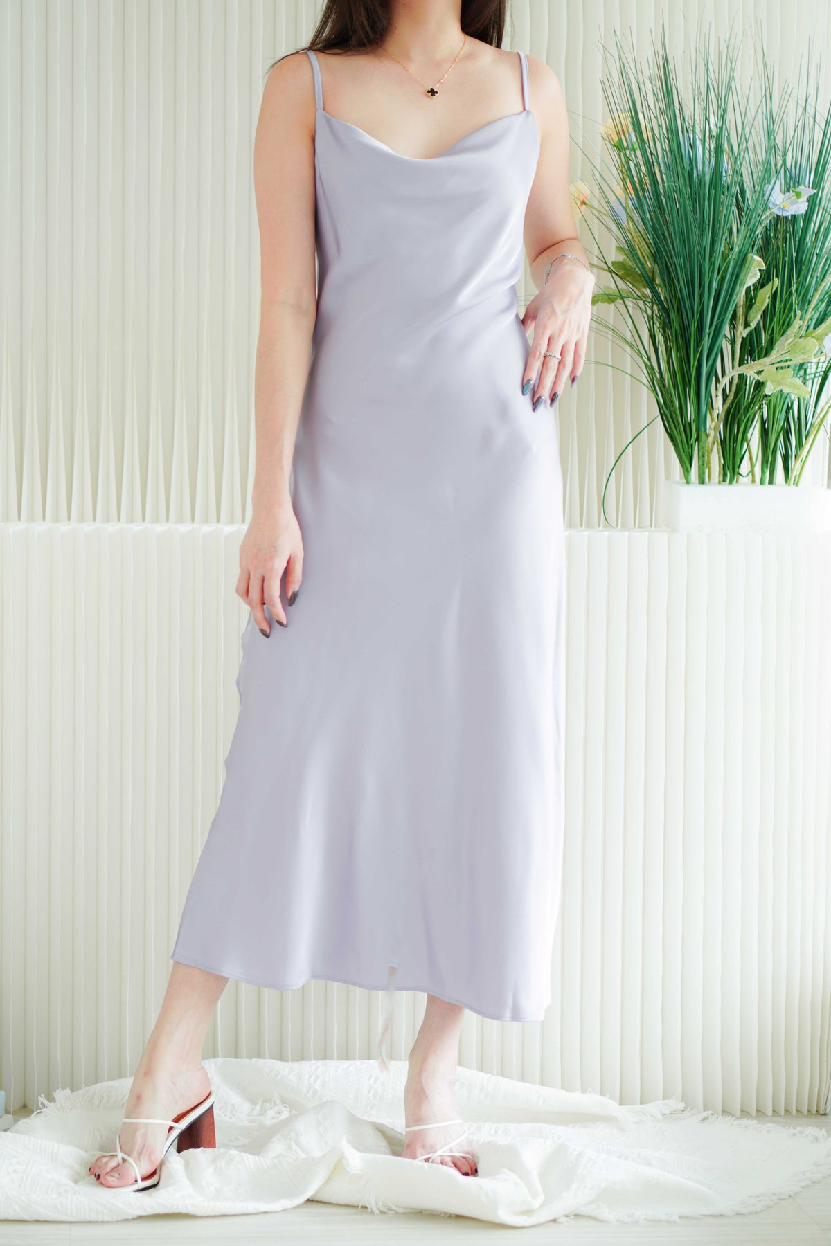 Violeta Cowl Neck Satin Slip Dress in Purple