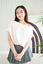 Malora Ruched Off Shoulder Satin Top in Beige