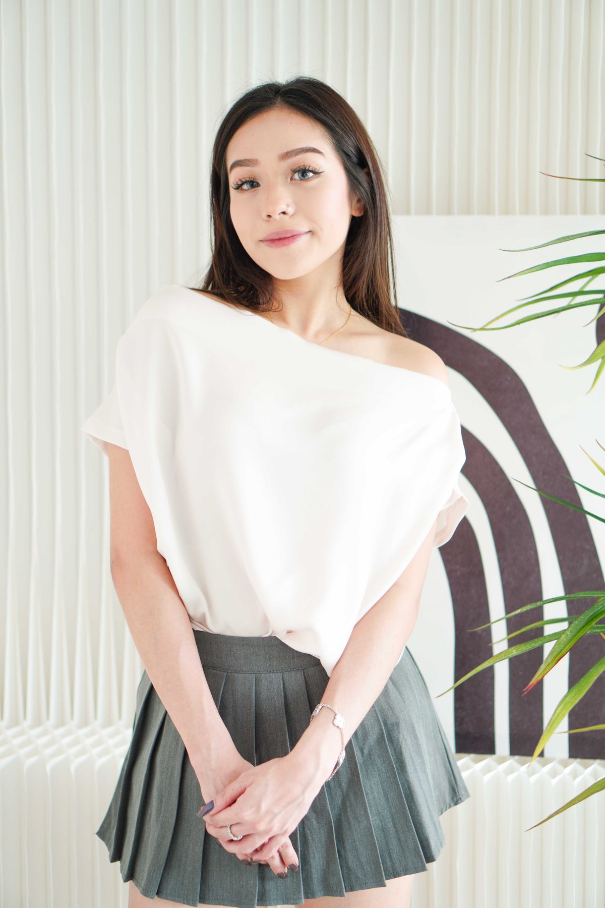 Malora Ruched Off Shoulder Satin Top in Beige