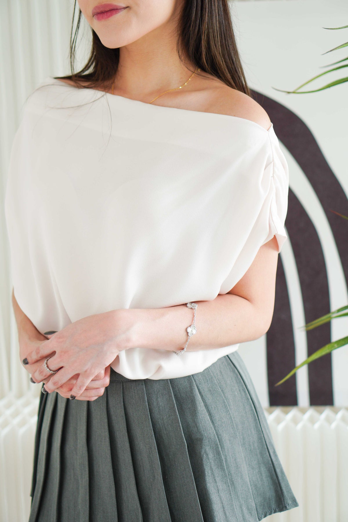 Malora Ruched Off Shoulder Satin Top in Beige