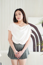 Malora Ruched Off Shoulder Satin Top in Beige