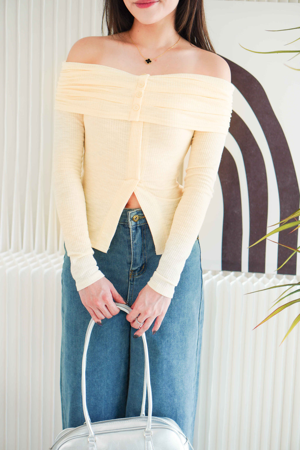 Skye Off Shoulder Long Sleeve Top in Beige Yellow