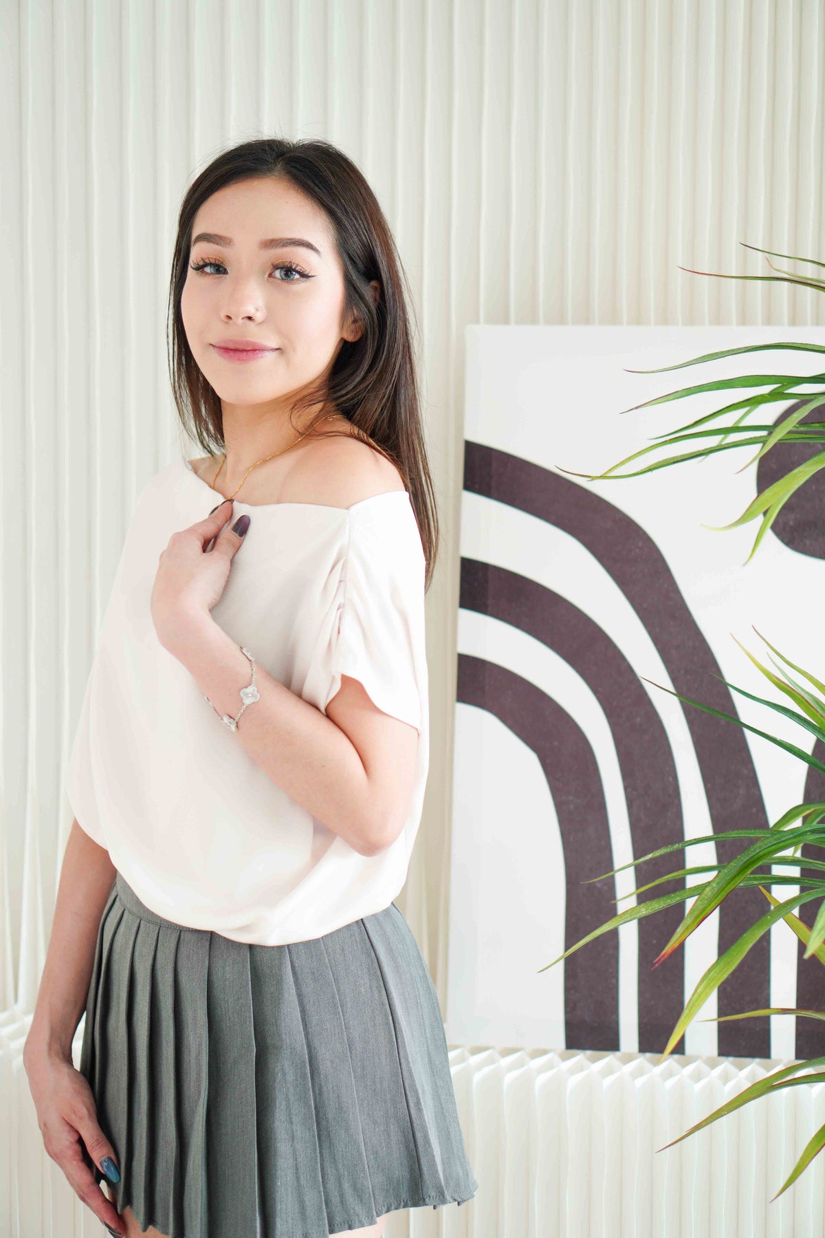 Malora Ruched Off Shoulder Satin Top in Beige