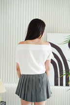 Malora Ruched Off Shoulder Satin Top in Beige