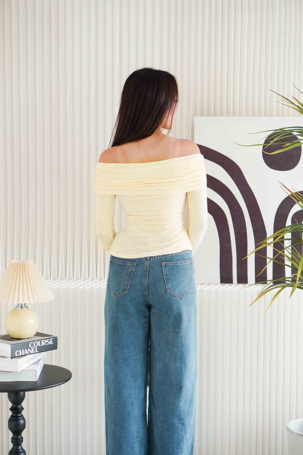Skye Off Shoulder Long Sleeve Top in Beige Yellow