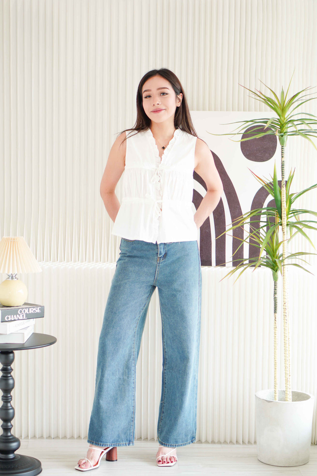 Yasmine Front Tie Layered Ruched Top in White