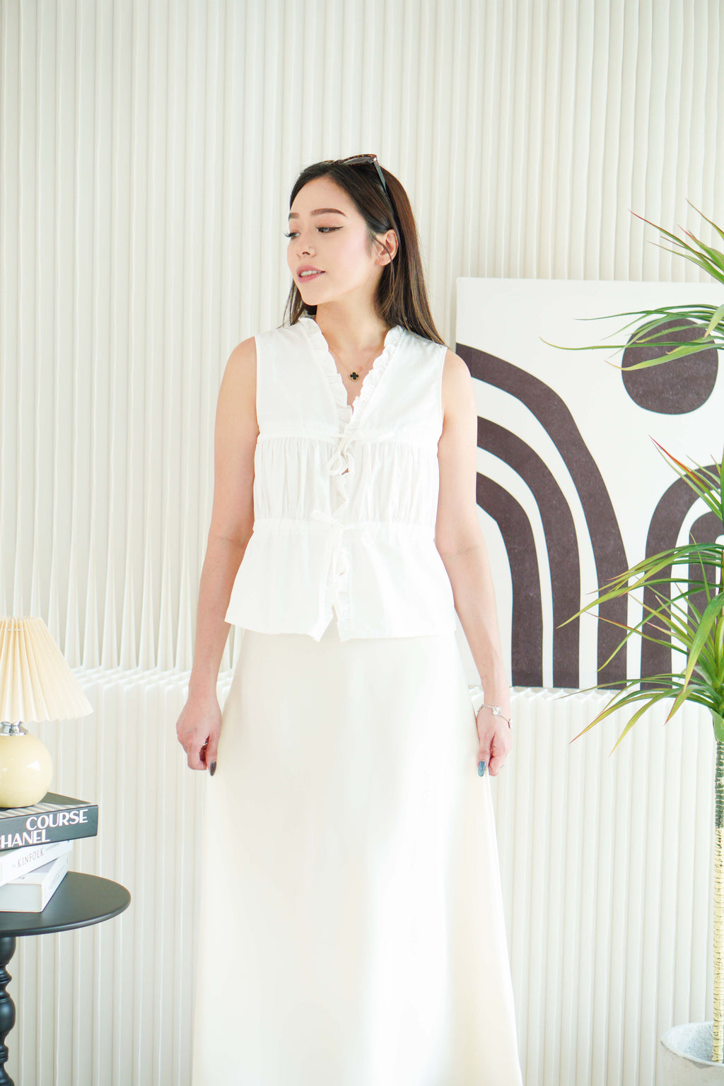 Yasmine Front Tie Layered Ruched Top in White