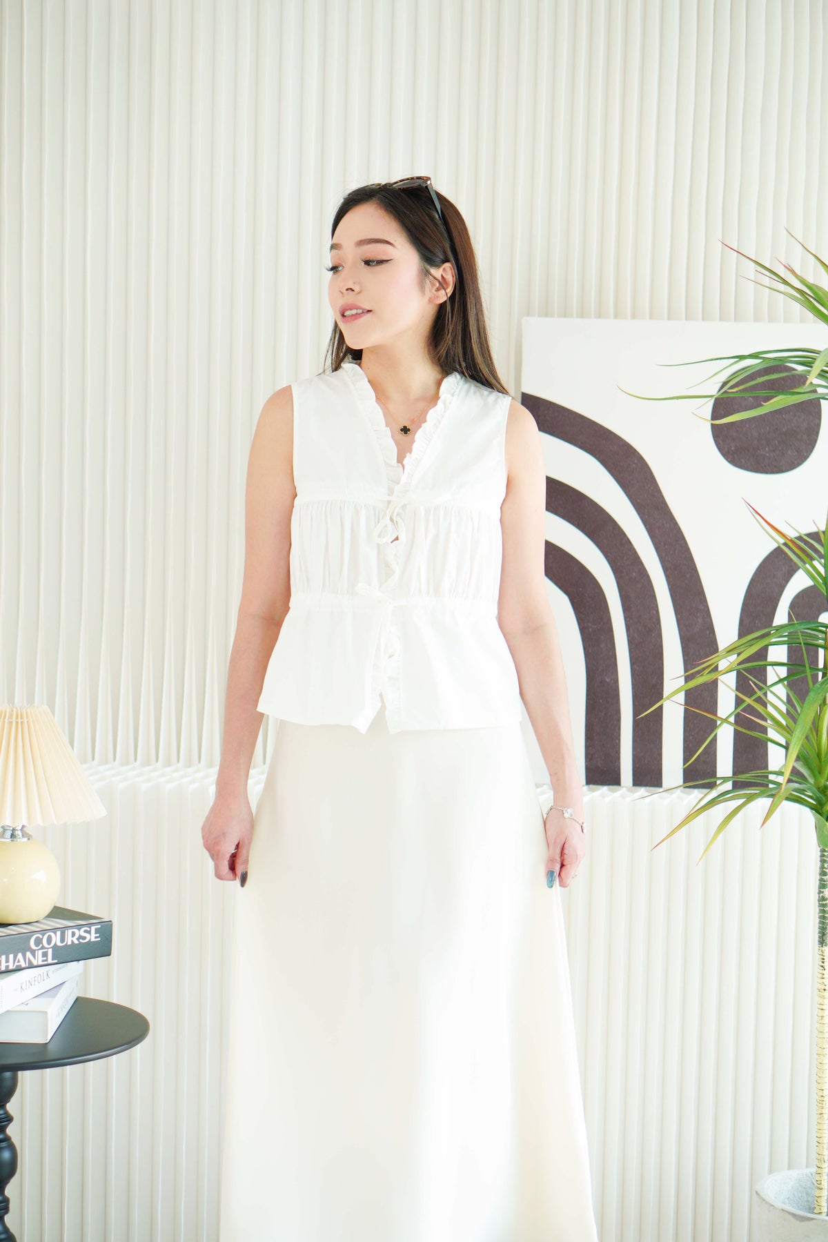 Yasmine Front Tie Layered Ruched Top in White
