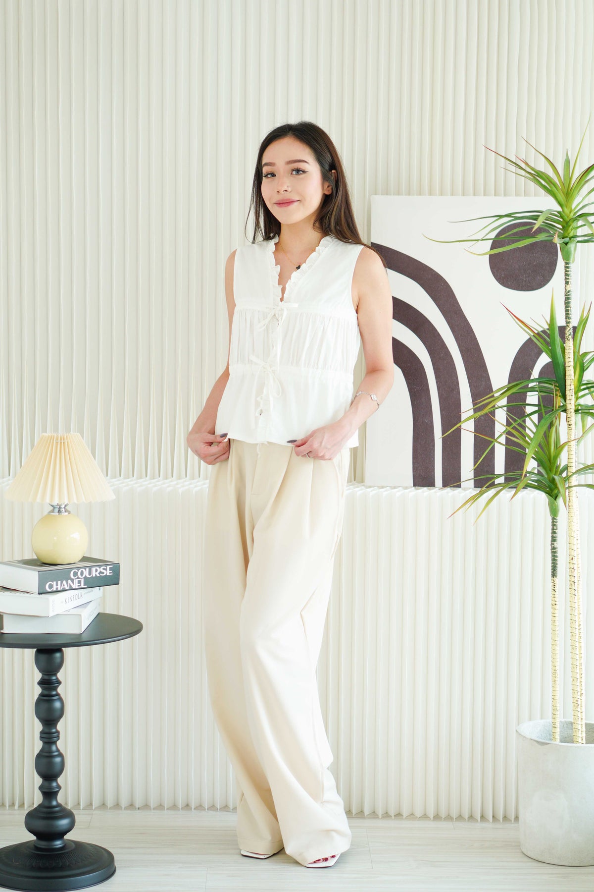 Yasmine Front Tie Layered Ruched Top in White